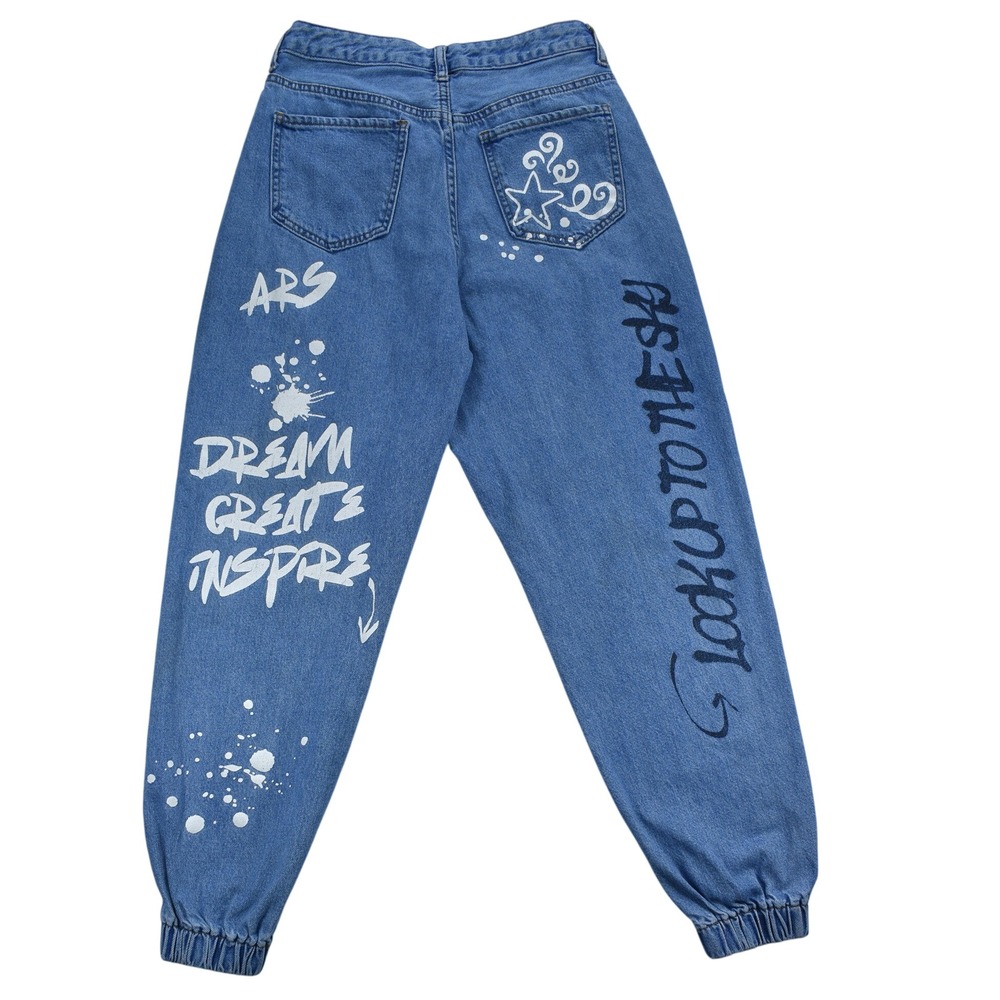 S.O.N.G. Graffiti Jogger Jeans Medium Wash High Rise Streetwear Size 9/29